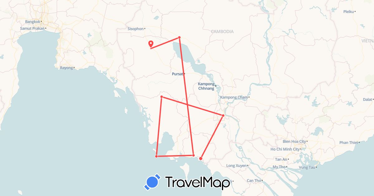 TravelMap itinerary: driving, hiking in Cambodia (Asia)