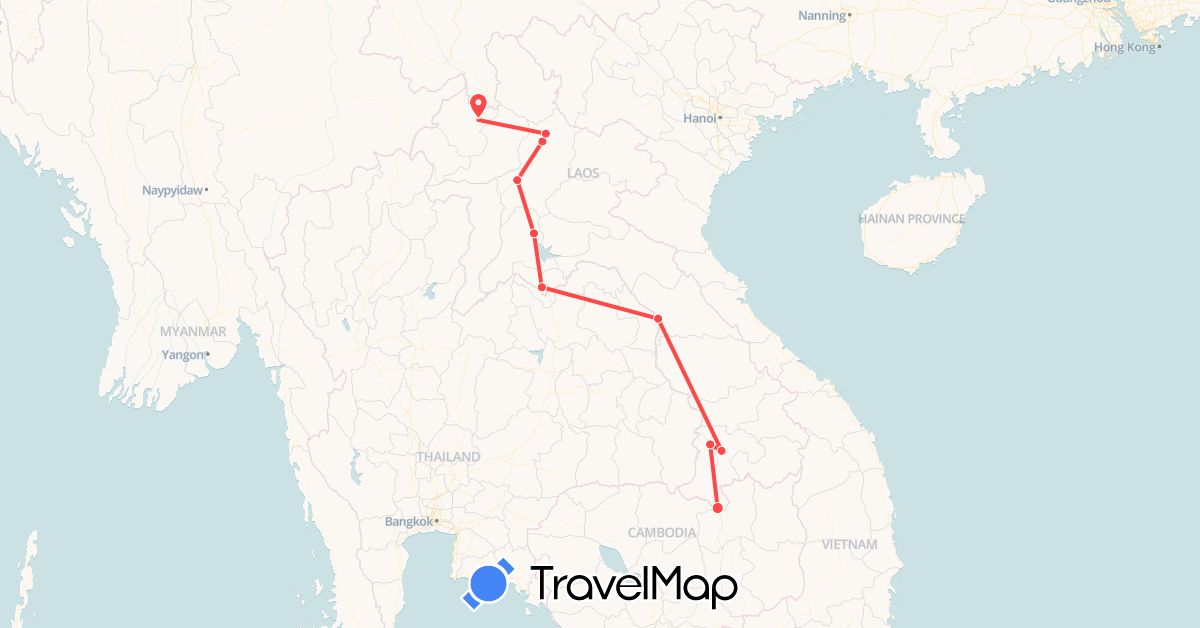TravelMap itinerary: hiking in Laos (Asia)